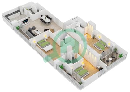 المخططات الطابقية لتصميم النموذج T1 شقة 4 غرف نوم - برج دي إي سي 1