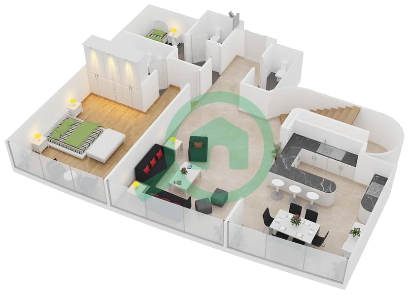 المخططات الطابقية لتصميم الوحدة 1607 شقة 2 غرفة نوم - خليج اليخوت interactive3D