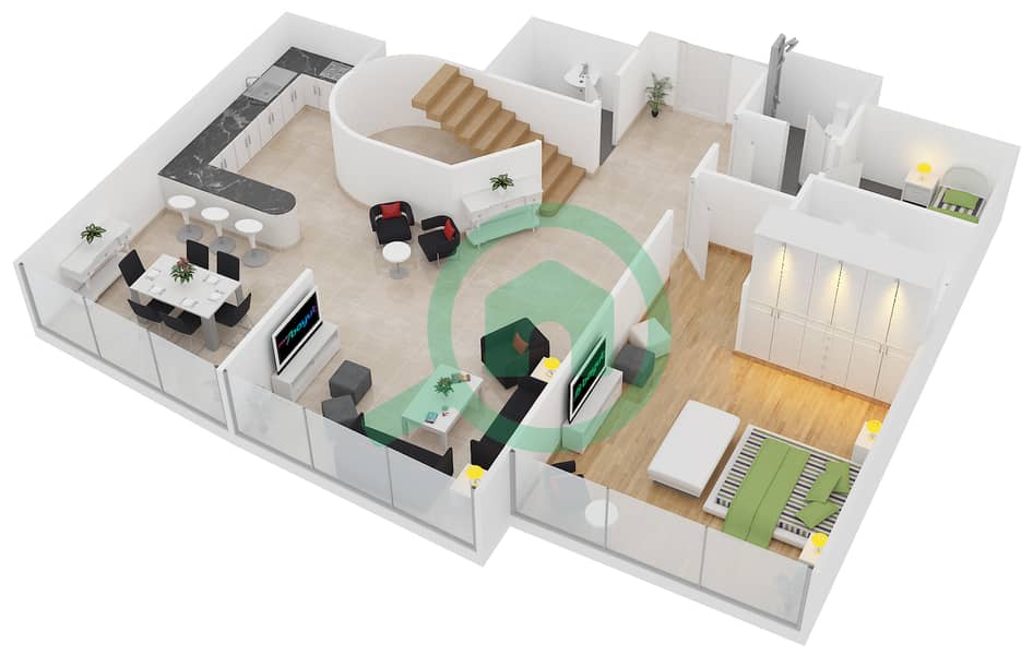 المخططات الطابقية لتصميم الوحدة 1608 شقة 2 غرفة نوم - خليج اليخوت interactive3D