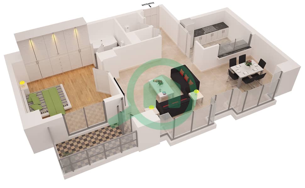 المخططات الطابقية لتصميم النموذج 4 شقة 1 غرفة نوم - بوبورت interactive3D