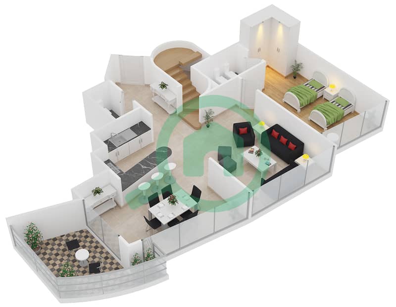 المخططات الطابقية لتصميم الوحدة 1609 شقة 3 غرف نوم - خليج اليخوت interactive3D