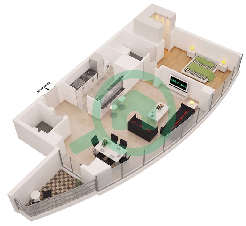 المخططات الطابقية لتصميم النموذج 3 شقة 1 غرفة نوم - بوبورت interactive3D