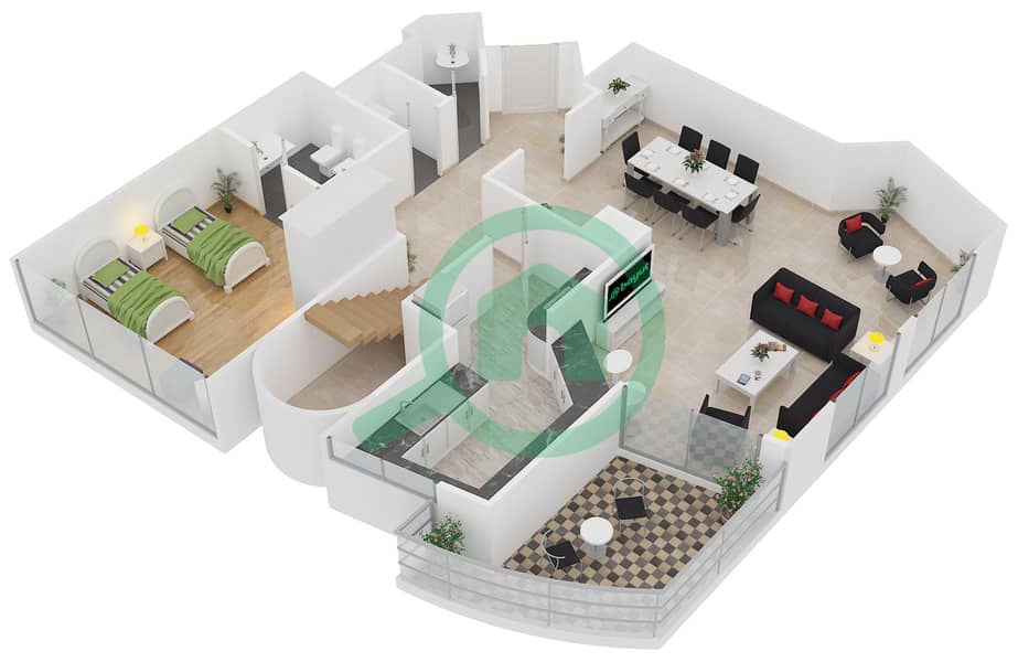 المخططات الطابقية لتصميم الوحدة 1606 شقة 3 غرف نوم - خليج اليخوت interactive3D