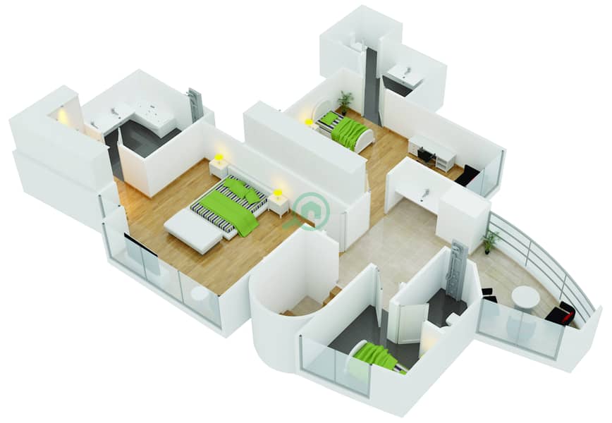 游艇湾公寓 - 3 卧室公寓单位1606戶型图 interactive3D