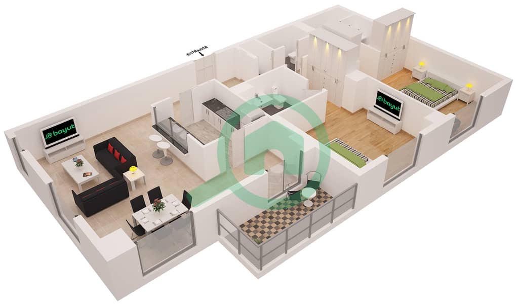 المخططات الطابقية لتصميم النموذج 1 شقة 2 غرفة نوم - بوبورت interactive3D