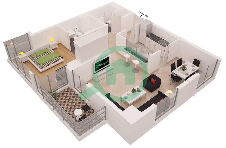 المخططات الطابقية لتصميم النموذج 5 شقة 1 غرفة نوم - بوبورت interactive3D