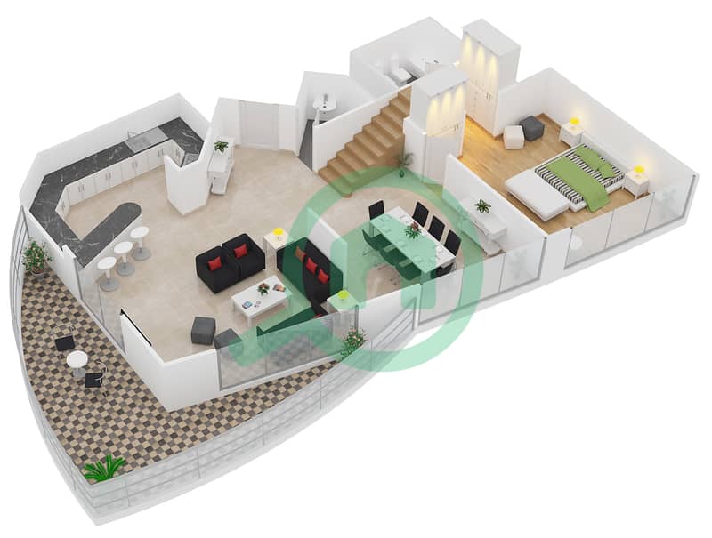 游艇湾公寓 - 3 卧室公寓单位1605,1601戶型图 interactive3D