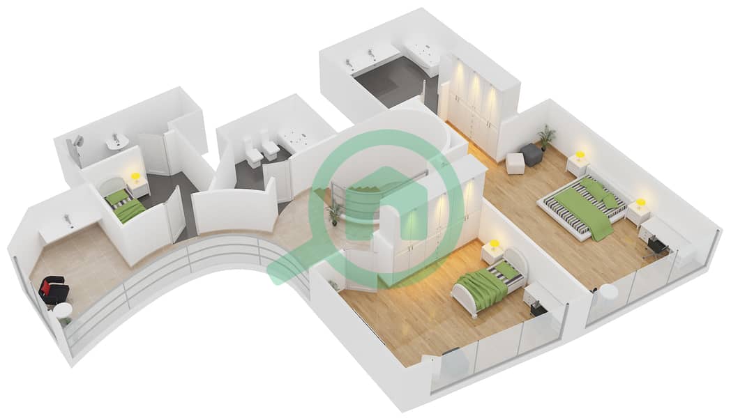 游艇湾公寓 - 3 卧室公寓单位1605,1601戶型图 interactive3D