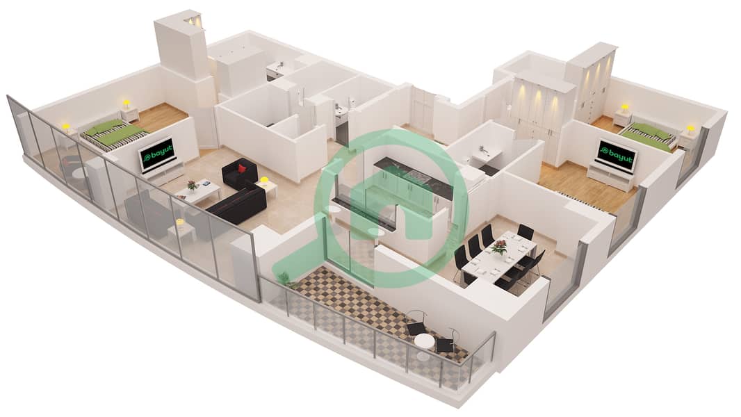 المخططات الطابقية لتصميم التصميم 2 شقة 3 غرف نوم - برج بالوما interactive3D