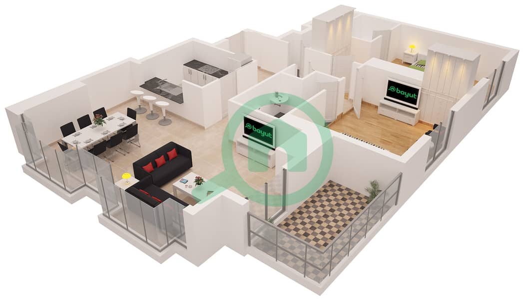 المخططات الطابقية لتصميم التصميم 1 شقة 2 غرفة نوم - برج بالوما interactive3D