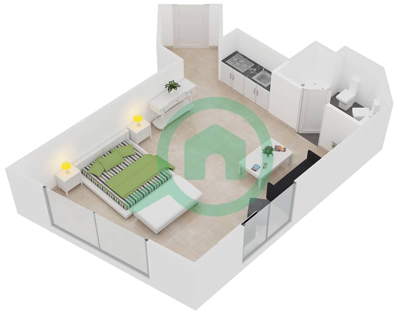 المخططات الطابقية لتصميم الوحدة 102 شقة استوديو - خليج اليخوت interactive3D
