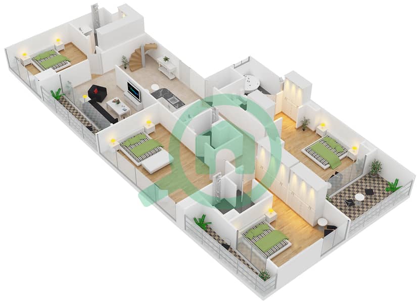 المخططات الطابقية لتصميم النموذج T2 شقة 4 غرف نوم - برج دي إي سي 1 interactive3D