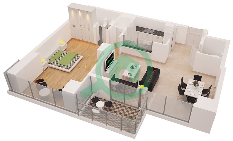 المخططات الطابقية لتصميم التصميم 5 شقة 1 غرفة نوم - برج بالوما interactive3D
