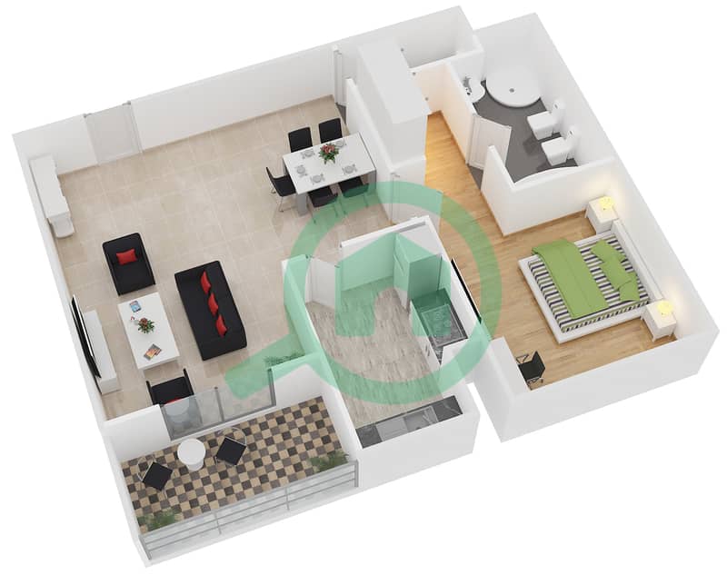 DEC2号大厦 - 1 卧室公寓类型B戶型图 interactive3D