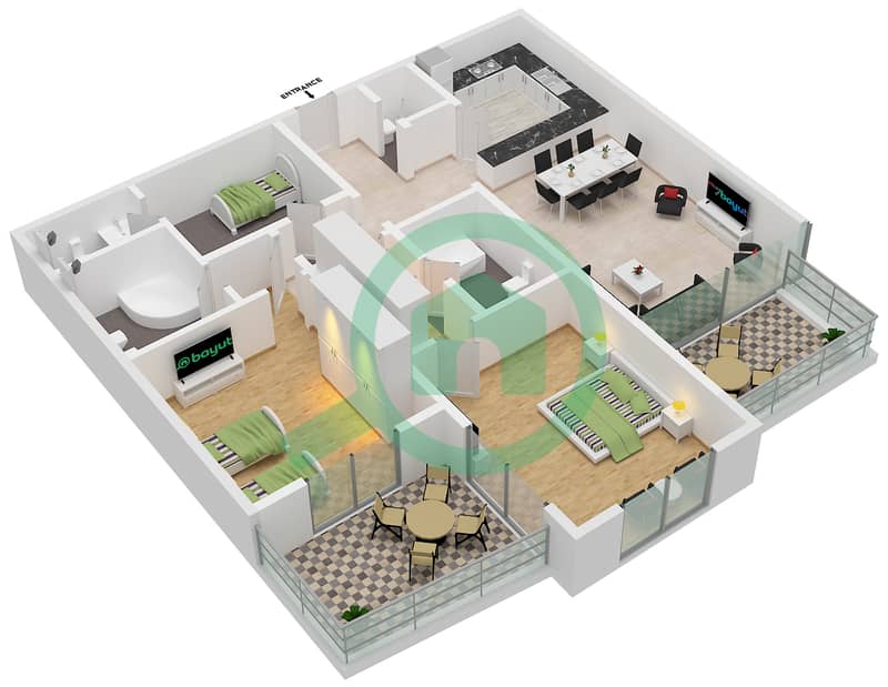 المخططات الطابقية لتصميم النموذج B شقة 2 غرفة نوم - برج كي جي interactive3D