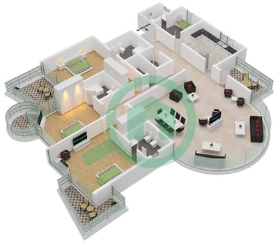 المخططات الطابقية لتصميم النموذج A شقة 3 غرف نوم - برج كي جي