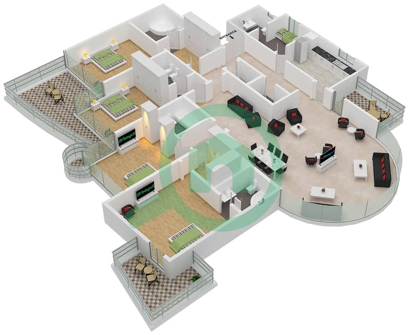 المخططات الطابقية لتصميم النموذج C شقة 4 غرف نوم - برج كي جي interactive3D