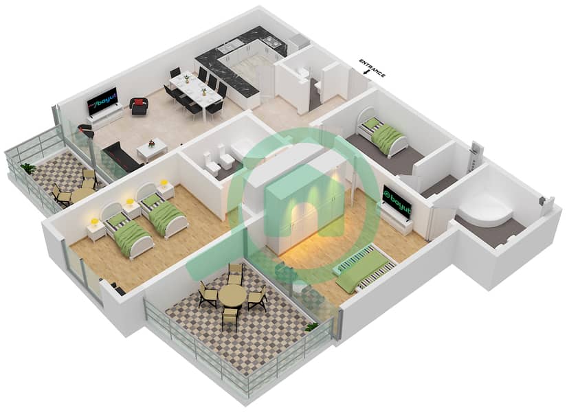 المخططات الطابقية لتصميم النموذج B1 شقة 2 غرفة نوم - برج كي جي interactive3D
