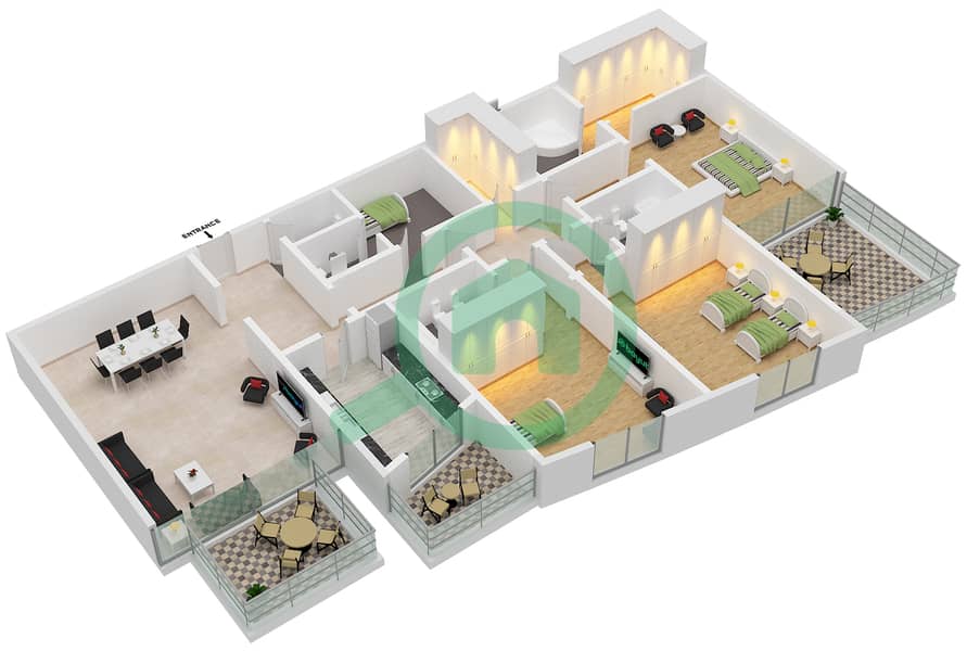 KG 大厦 - 3 卧室公寓类型A1戶型图 interactive3D