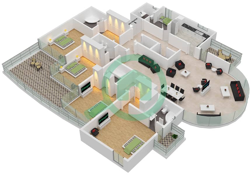 المخططات الطابقية لتصميم النموذج C1 شقة 4 غرف نوم - برج كي جي interactive3D