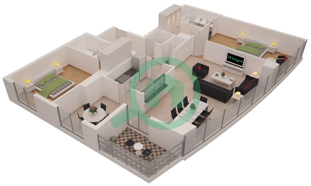 المخططات الطابقية لتصميم التصميم 3 شقة 2 غرفة نوم - برج بالوما interactive3D