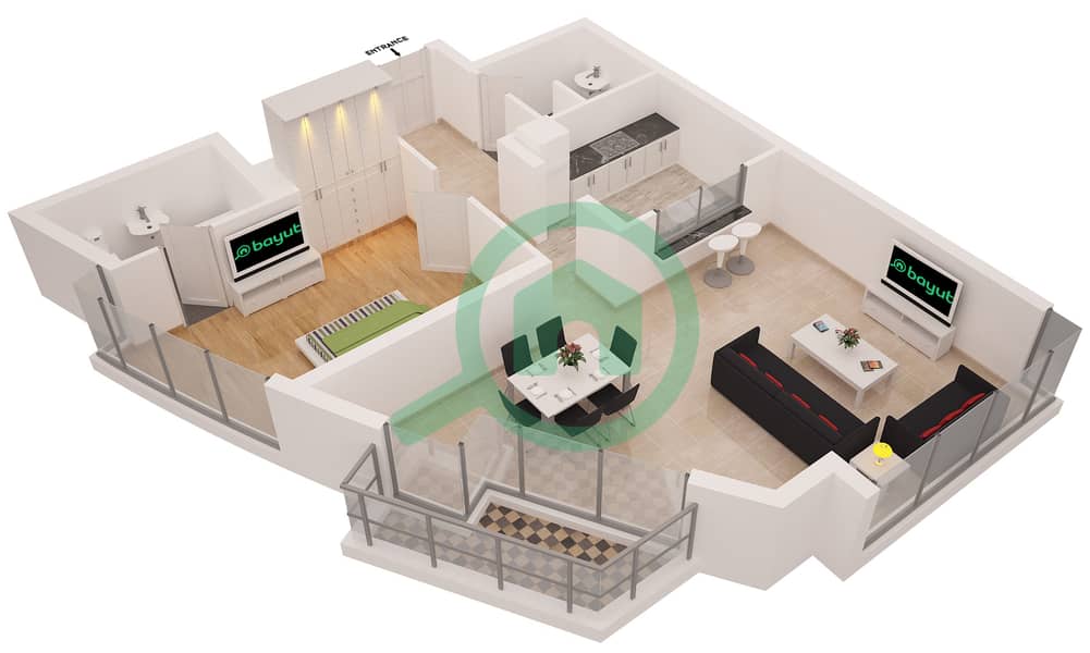 المخططات الطابقية لتصميم النموذج 5 شقة 1 غرفة نوم - برج فيرفيلد interactive3D