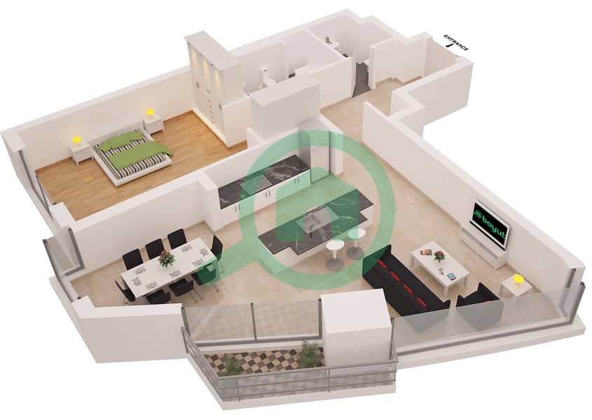Ферфилд Тауэр - Апартамент 1 Спальня планировка Тип 4 interactive3D
