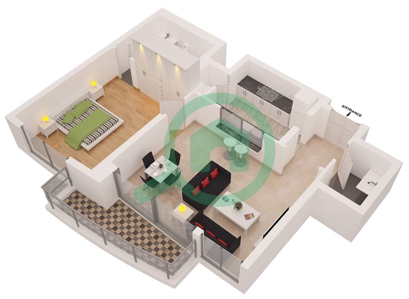 费尔菲德大厦 - 1 卧室公寓类型6戶型图 interactive3D
