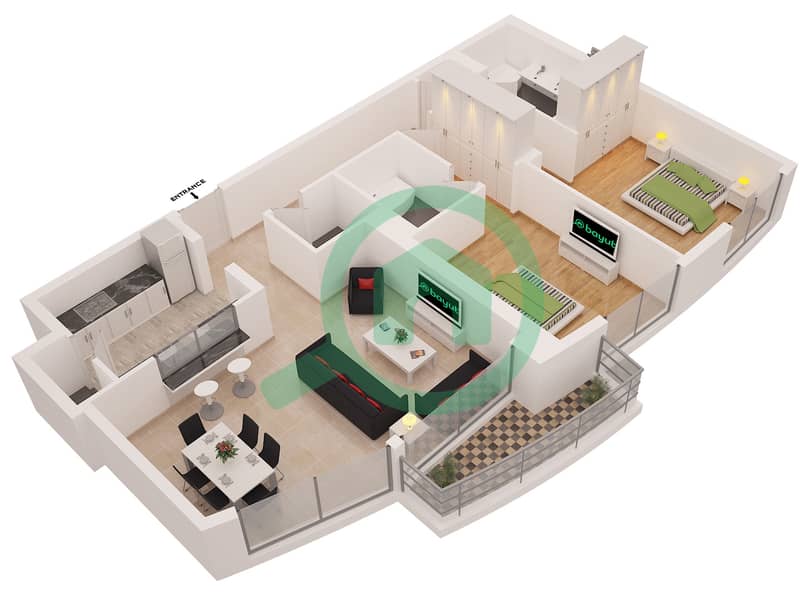 المخططات الطابقية لتصميم النموذج 3 شقة 2 غرفة نوم - برج فيرفيلد interactive3D