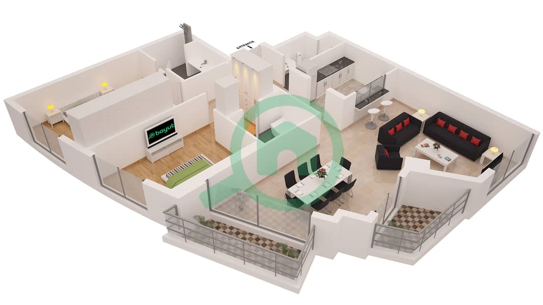 المخططات الطابقية لتصميم النموذج 2 شقة 2 غرفة نوم - برج فيرفيلد interactive3D