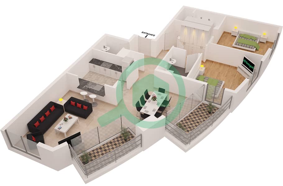 المخططات الطابقية لتصميم النموذج 1 شقة 2 غرفة نوم - برج فيرفيلد interactive3D
