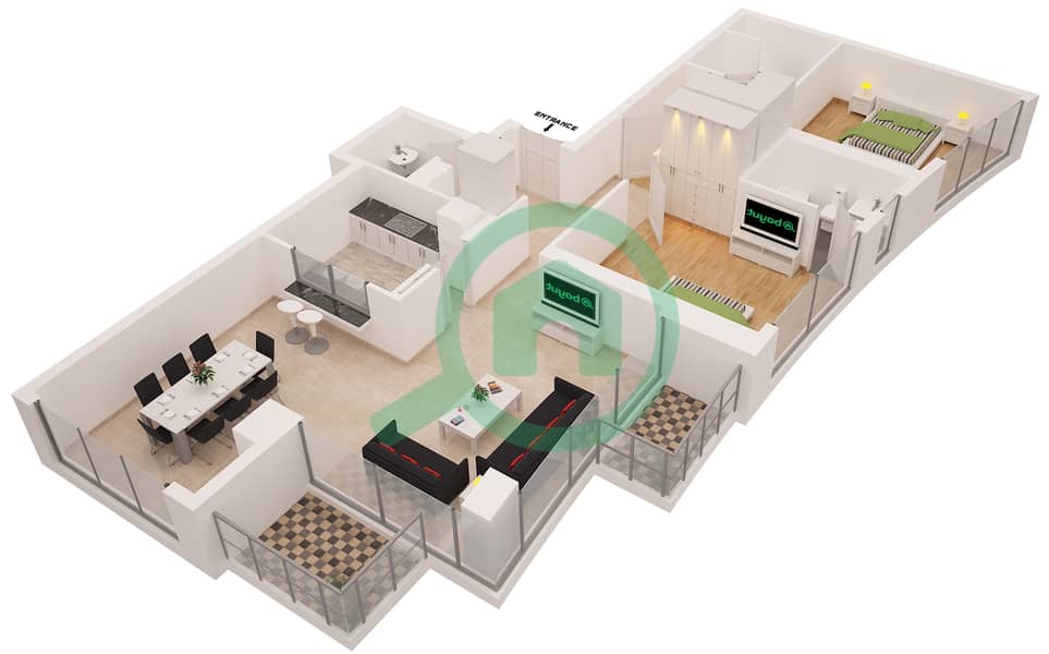 المخططات الطابقية لتصميم التصميم 3 شقة 2 غرفة نوم - برج سانيبل interactive3D