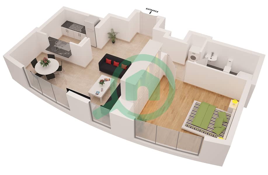 المخططات الطابقية لتصميم النموذج 5 شقة 1 غرفة نوم - برج بلاكلي interactive3D