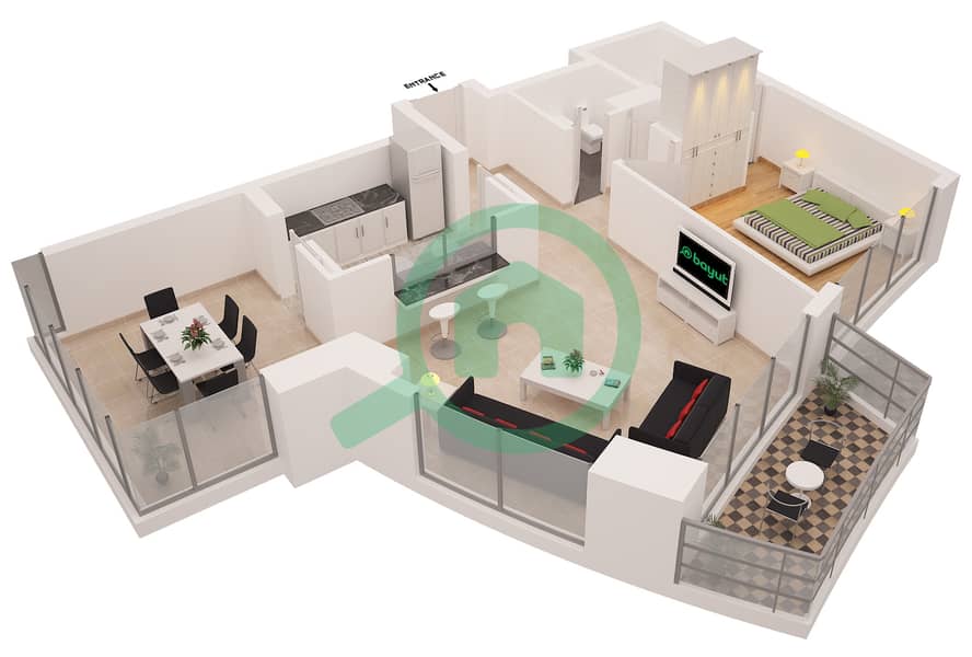 المخططات الطابقية لتصميم النموذج 4 شقة 1 غرفة نوم - برج بلاكلي interactive3D