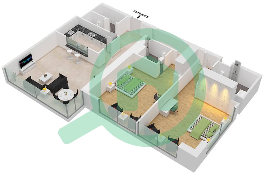 المخططات الطابقية لتصميم النموذج 2 A شقة 2 غرفة نوم - برج ماج 218 interactive3D
