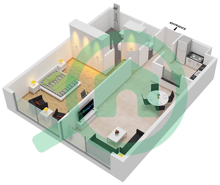 المخططات الطابقية لتصميم النموذج 1 B شقة 1 غرفة نوم - برج ماج 218 interactive3D