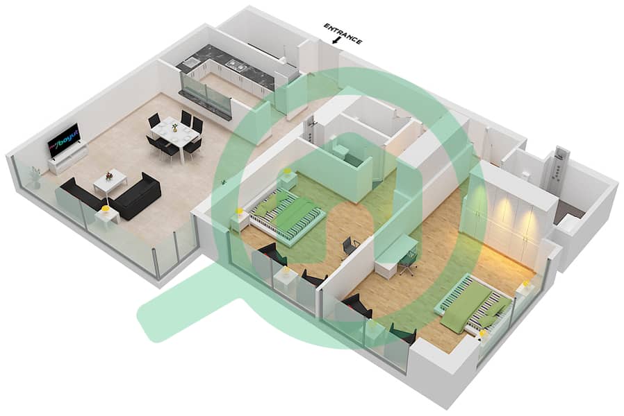 المخططات الطابقية لتصميم النموذج 2 B شقة 2 غرفة نوم - برج ماج 218 interactive3D