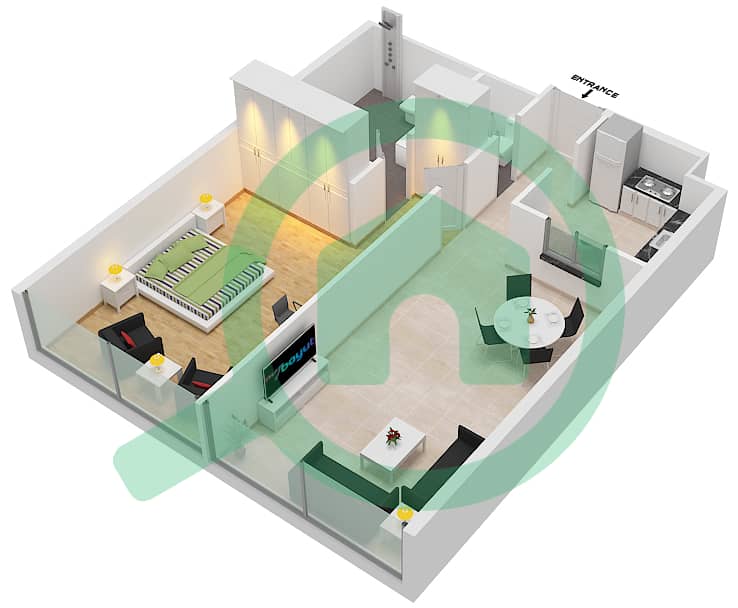 المخططات الطابقية لتصميم النموذج 1 A شقة 1 غرفة نوم - برج ماج 218 interactive3D