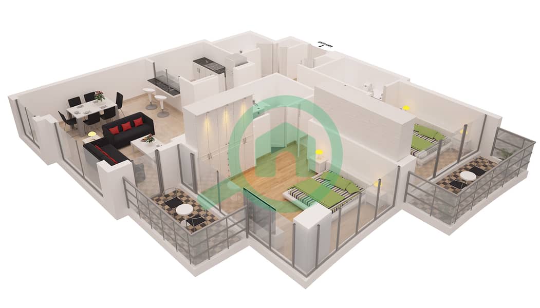 Блэйкли Тауэр - Апартамент 2 Cпальни планировка Гарнитур, анфилиада комнат, апартаменты, подходящий 2 / FLOOR 4-26 Floor 4-26 interactive3D