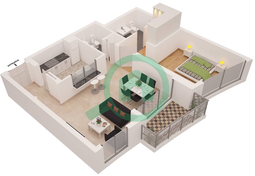 المخططات الطابقية لتصميم النموذج 1 شقة 1 غرفة نوم - برج بلاكلي interactive3D