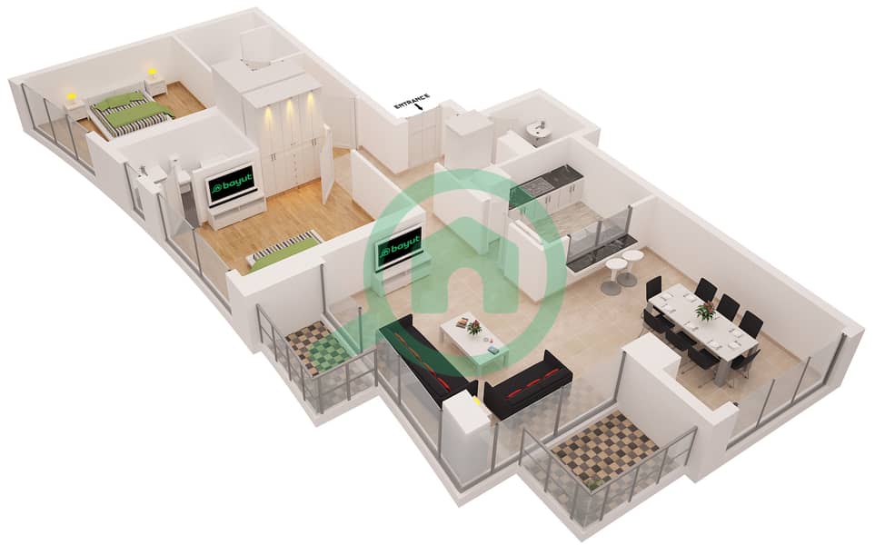 المخططات الطابقية لتصميم النموذج 3 شقة 2 غرفة نوم - برج بلاكلي interactive3D