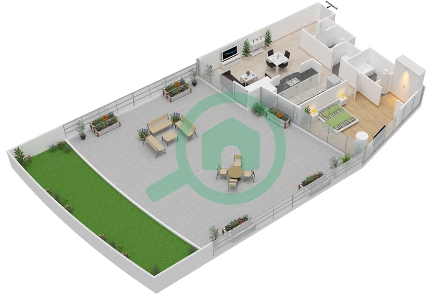 المخططات الطابقية لتصميم الوحدة 1,4 شقة 1 غرفة نوم - برج سكاي فيو interactive3D