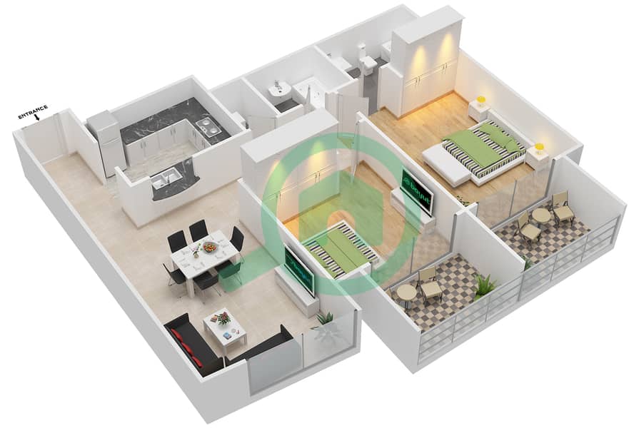 المخططات الطابقية لتصميم الوحدة 3,6 شقة 2 غرفة نوم - برج سكاي فيو interactive3D