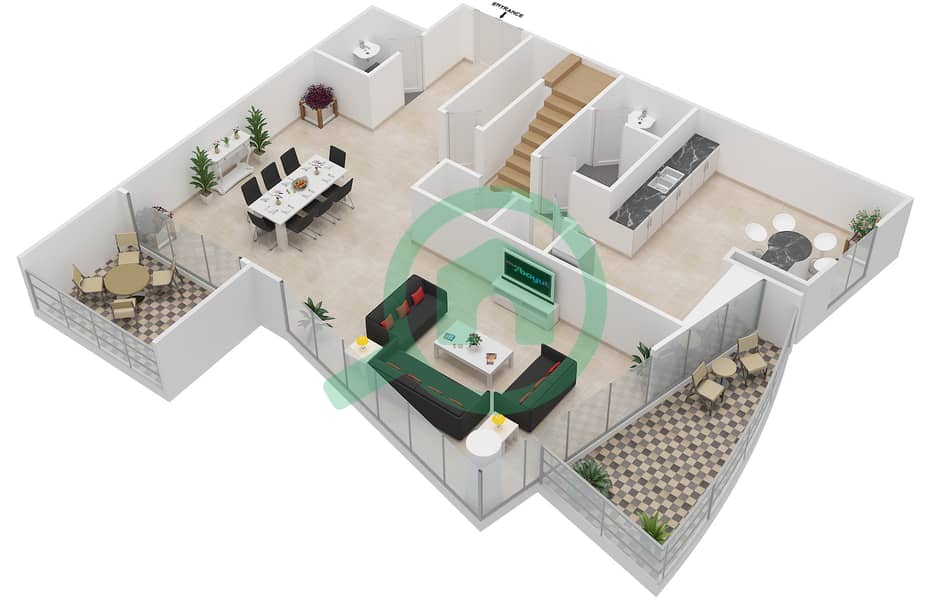 المخططات الطابقية لتصميم الوحدة 4 FLOOR 31,32 بنتهاوس 3 غرف نوم - برج سكاي فيو interactive3D