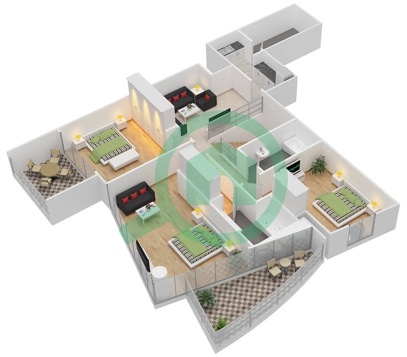 المخططات الطابقية لتصميم الوحدة 4 FLOOR 31,32 بنتهاوس 3 غرف نوم - برج سكاي فيو interactive3D
