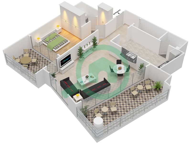 天景大厦 - 1 卧室公寓单位2-3戶型图 interactive3D