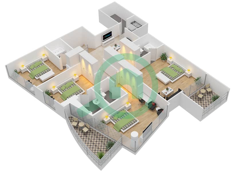 المخططات الطابقية لتصميم الوحدة 2 FLOOR 31,32 بنتهاوس 4 غرف نوم - برج سكاي فيو interactive3D