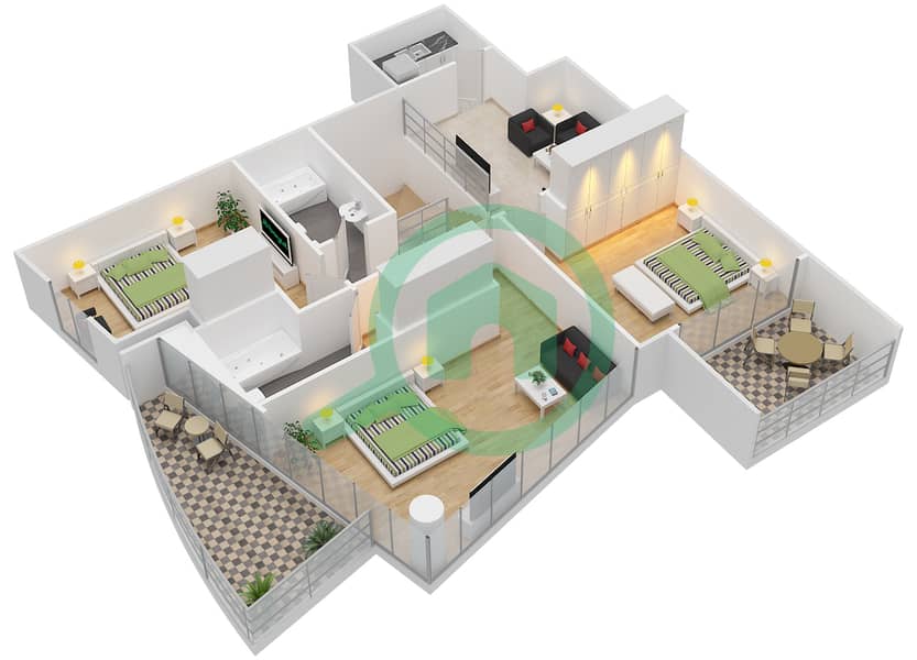 المخططات الطابقية لتصميم الوحدة 5 FLOOR 31-32 بنتهاوس 3 غرف نوم - برج سكاي فيو interactive3D