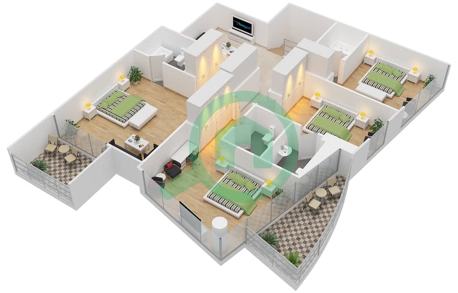 المخططات الطابقية لتصميم الوحدة 1 FLOOR 31-32 بنتهاوس 4 غرف نوم - برج سكاي فيو interactive3D