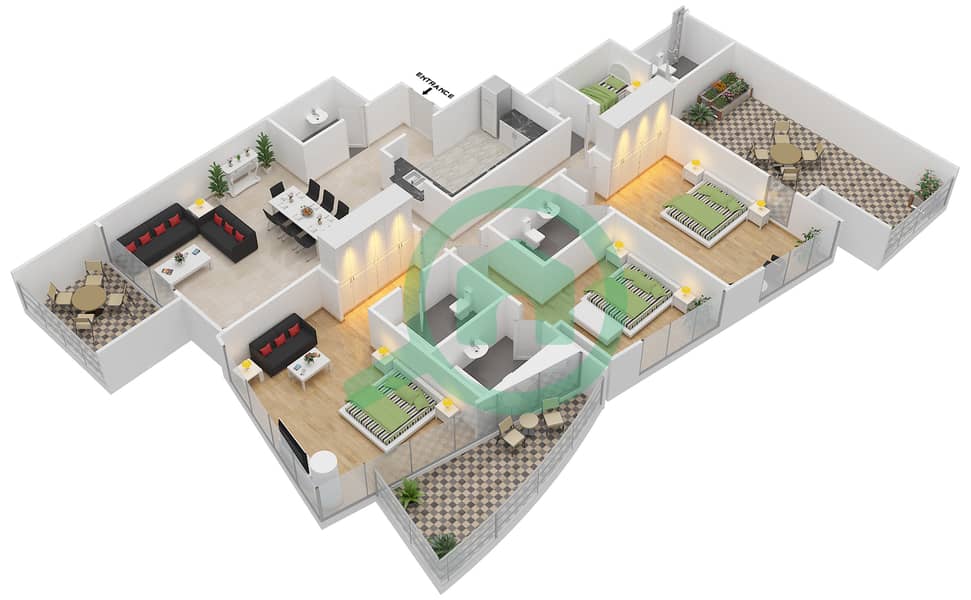 المخططات الطابقية لتصميم الوحدة 2, 3 FLOOR 22-23 شقة 3 غرف نوم - برج سكاي فيو interactive3D